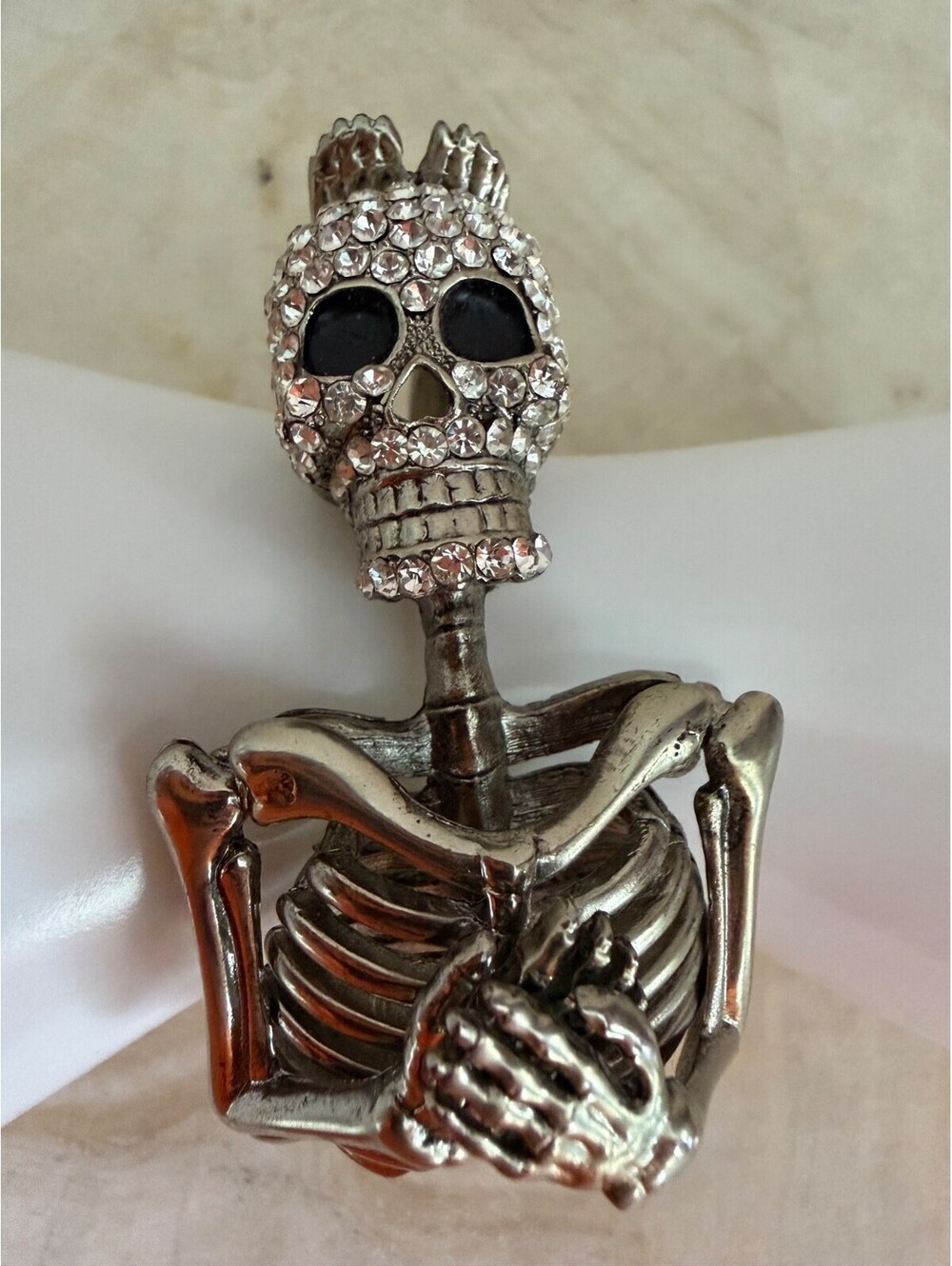 Rhinestone Skeleton Skull Hinged Cuff Bracelet Silver Tone Goth Punk Biker